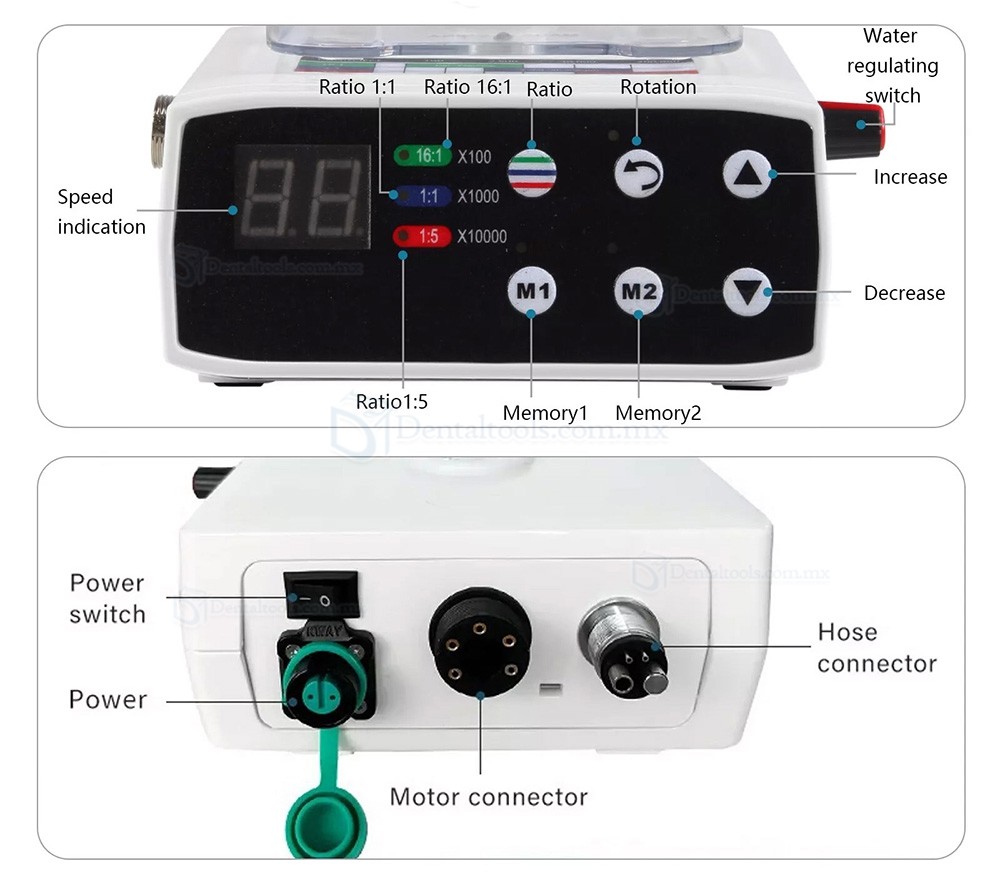 Motor dental eléctrico sin escobillas compatible con contraángulos 1:5/1:1/16:1 con botella de agua Motor dental eléctrico sin escobillas compatible con contraángulos 1:5/1:1/16:1 con botella de agua